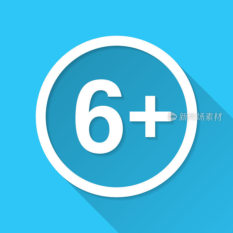 6+ 6加号-年龄限制。图标在蓝色背景-平面设计与长阴影